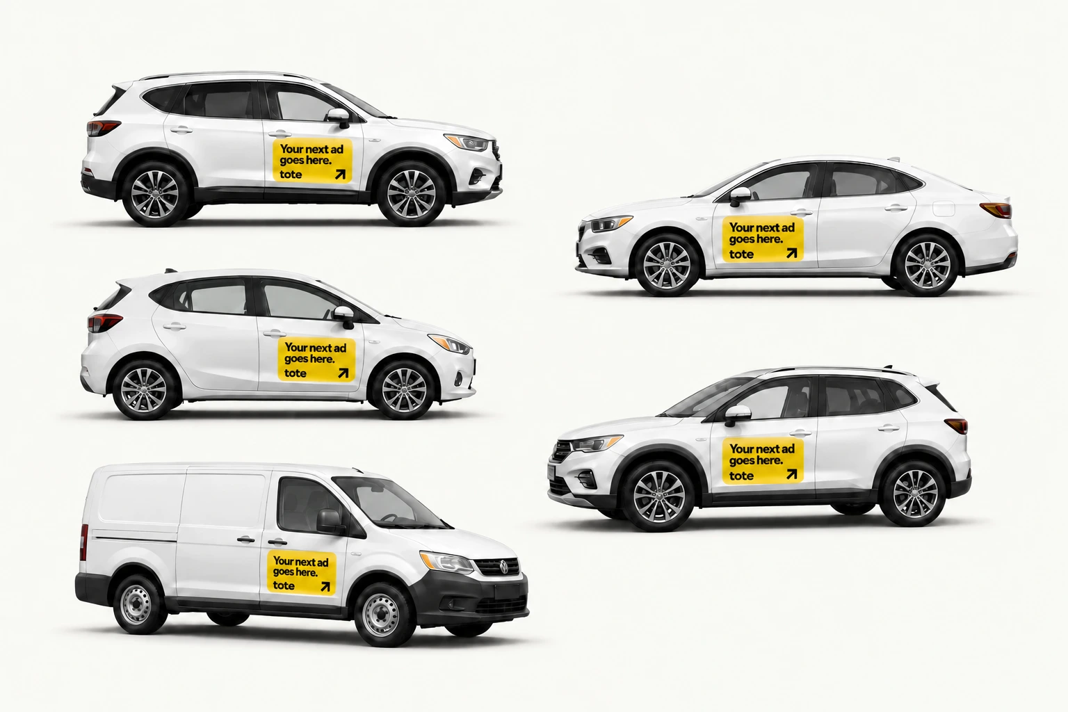 Five everyday vehicles carrying the same rounded yellow Tote campaign ad below the front-door handle